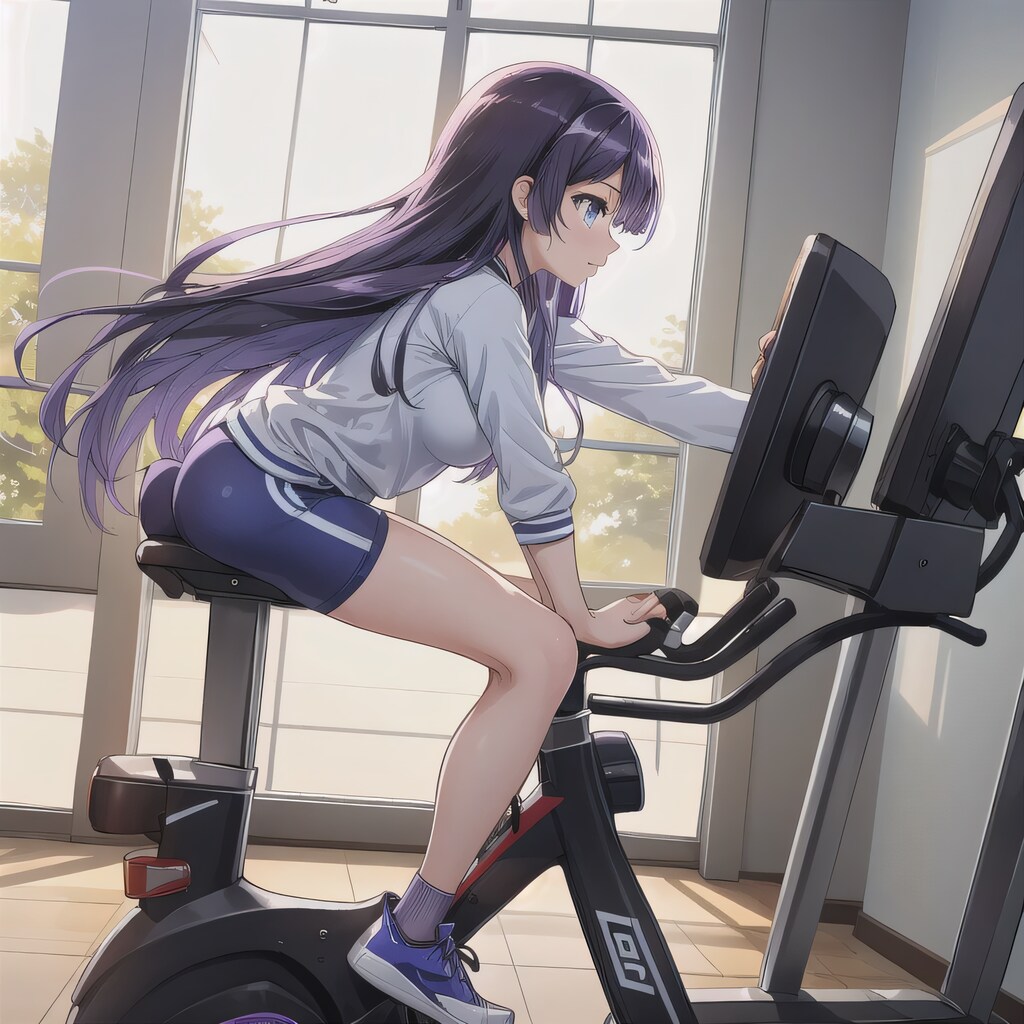 紫髪ロングでエアロバイクの少女