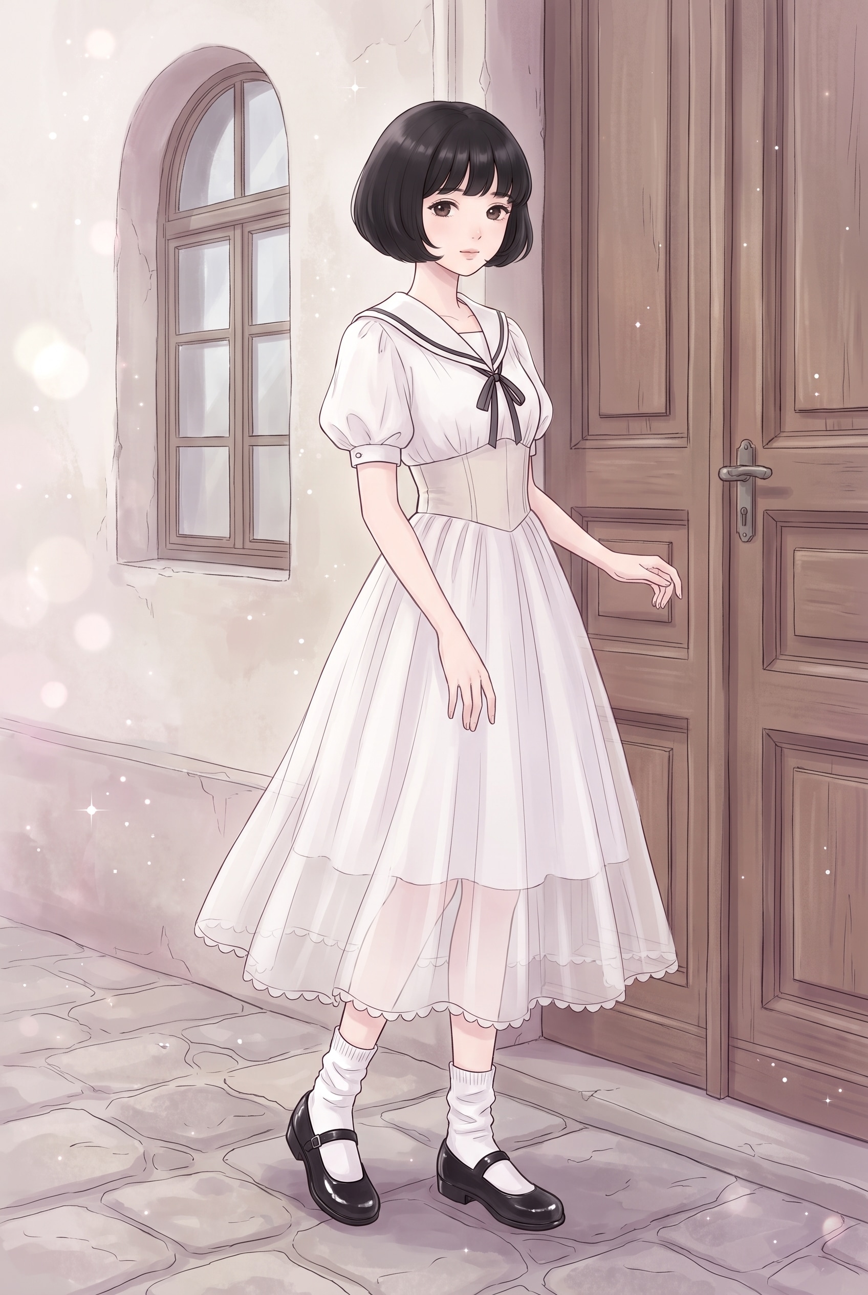 白装い扉前の少女 | の人気AIイラスト・グラビア
