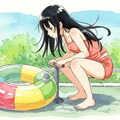 浮き輪膨らます女の子 12枚目