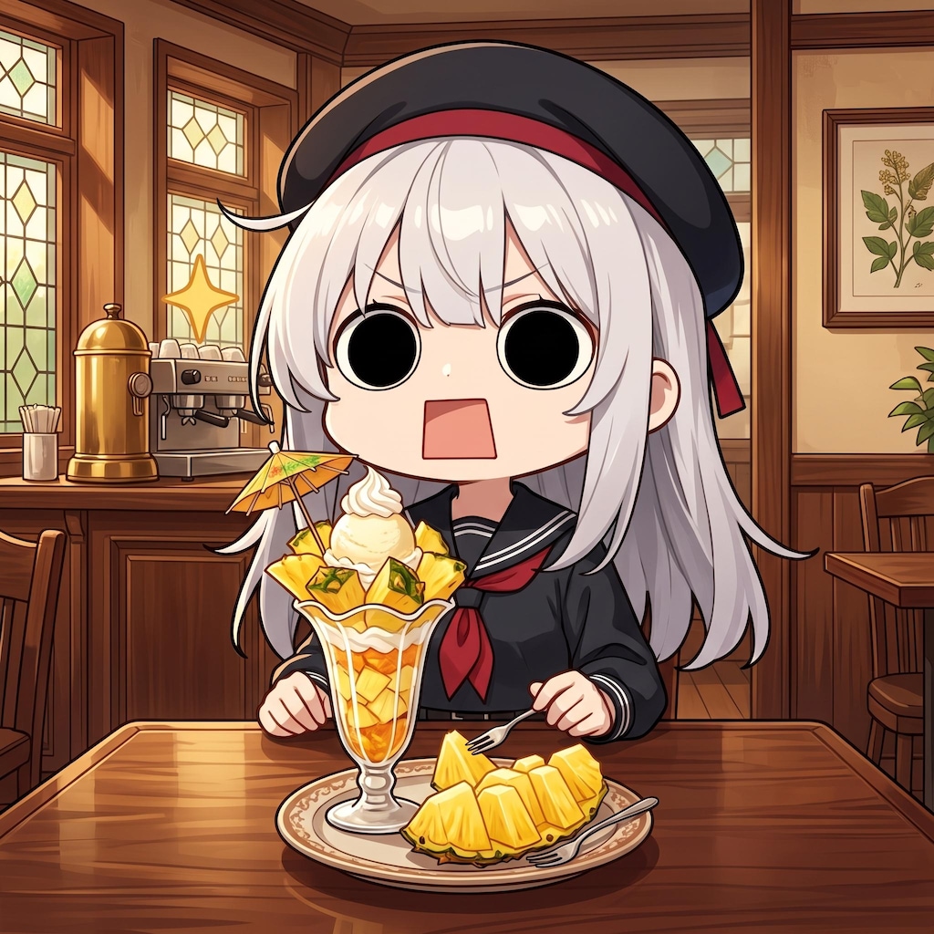 パイナップルパフェを頂くえらいこっちゃ嬢