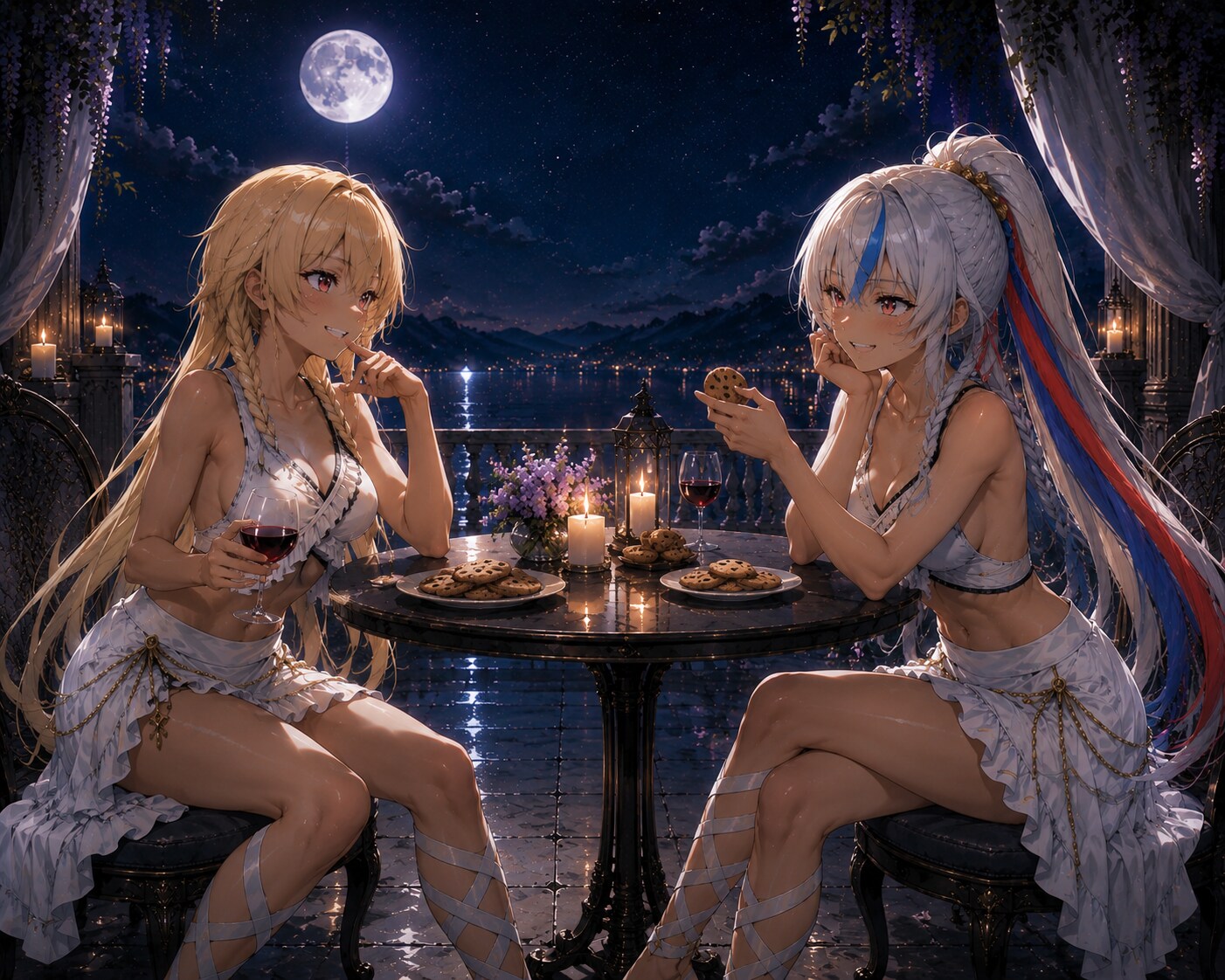 月夜の湖畔で談笑する二人のリズべ | の人気AIイラスト・グラビア