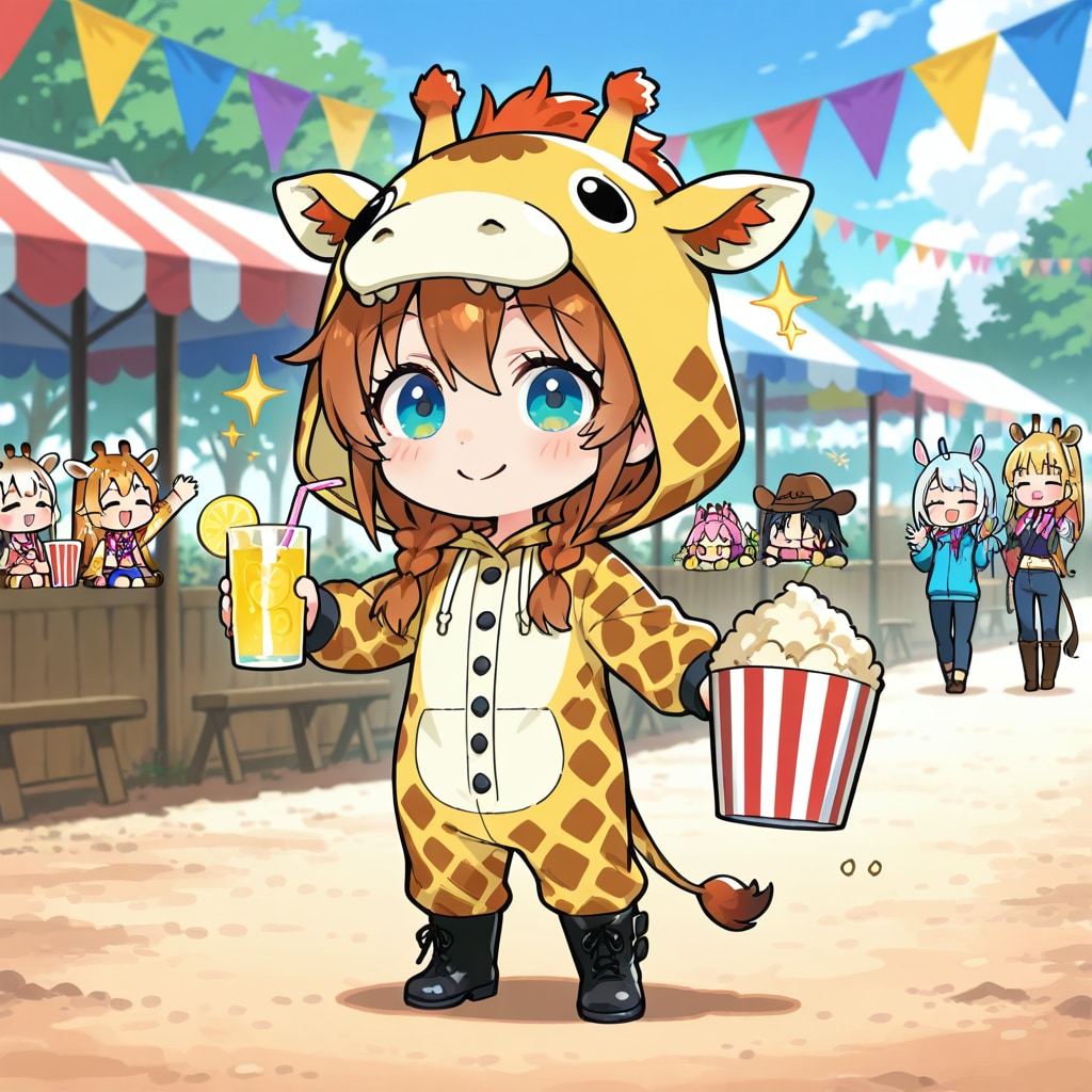 アメリカっぽいお祭りを楽しむキリン着ぐるみちび子ちゃん