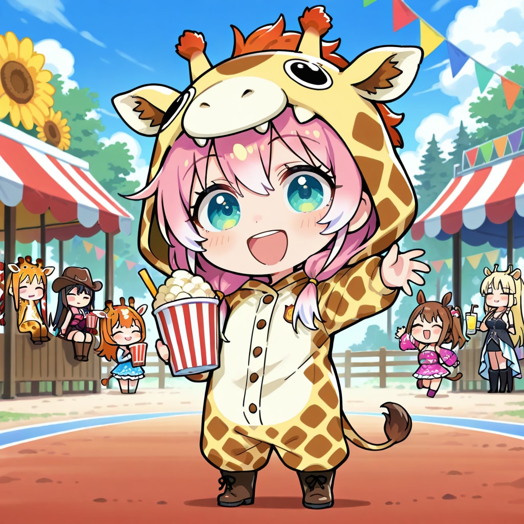 アメリカっぽいお祭りを楽しむキリン着ぐるみちび子ちゃん