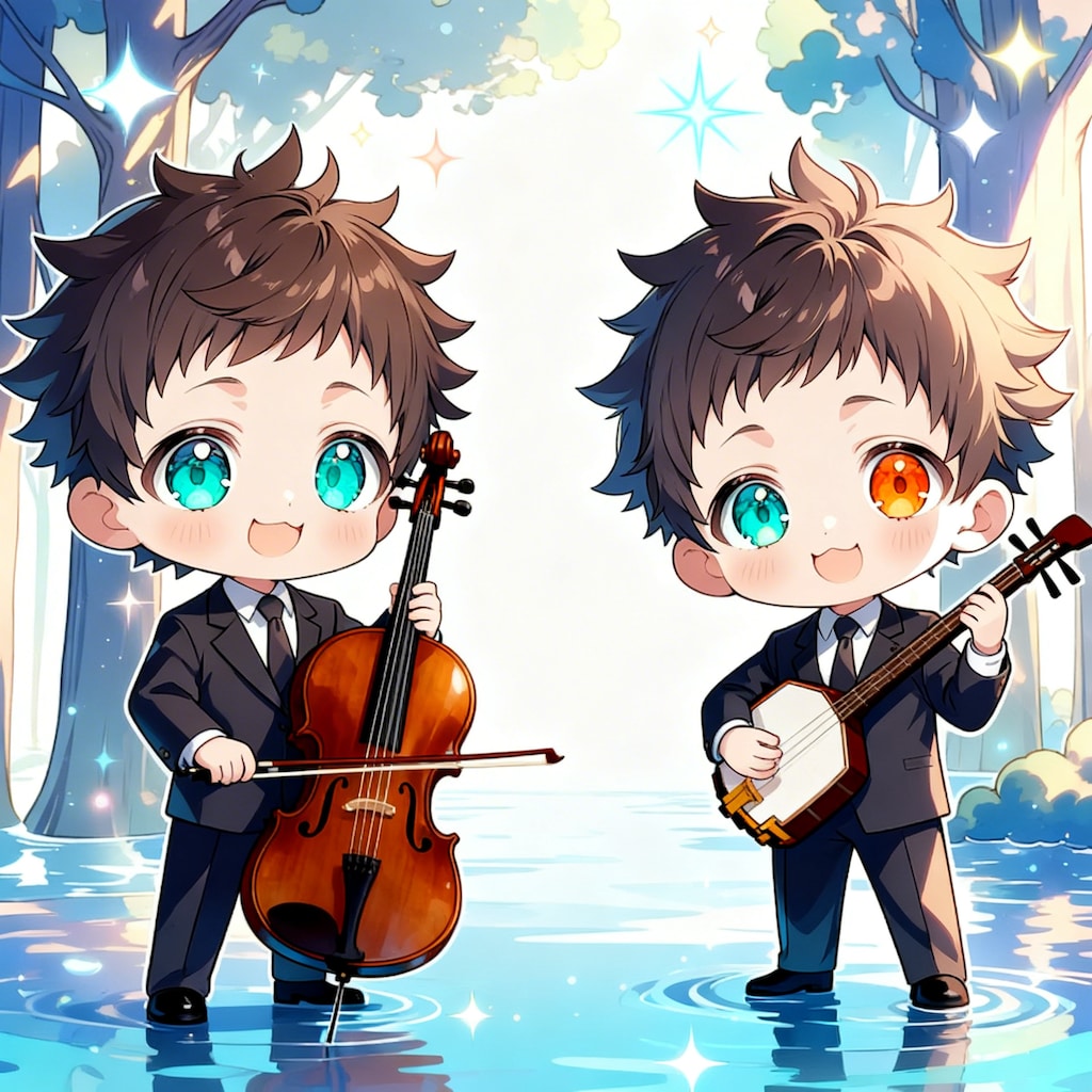 チェロ・三味線を演奏する少年