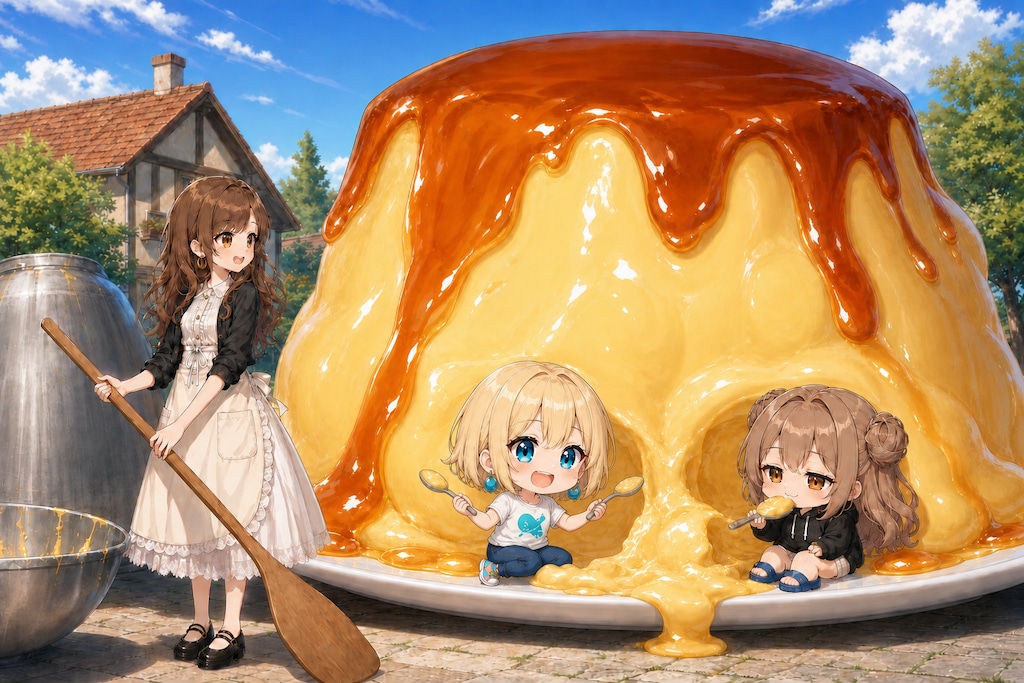 両手にスプーン、とろんとろん巨大プリン