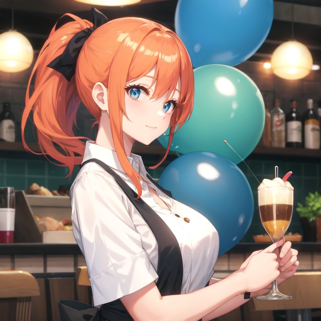 レストランで色とりどりの風船を膨らませて遊ぶオレンジ髪ポニーテールの美女店員さん。