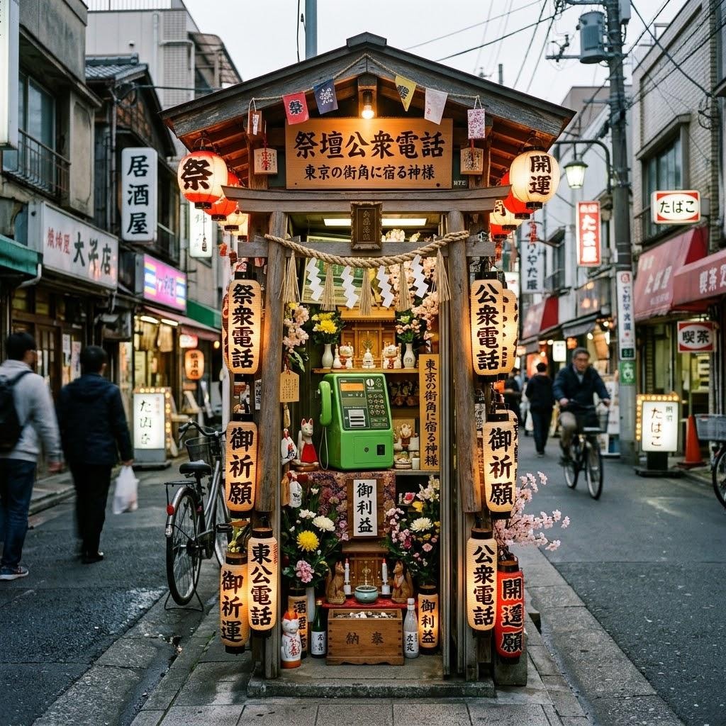 祭壇と化した公衆電話