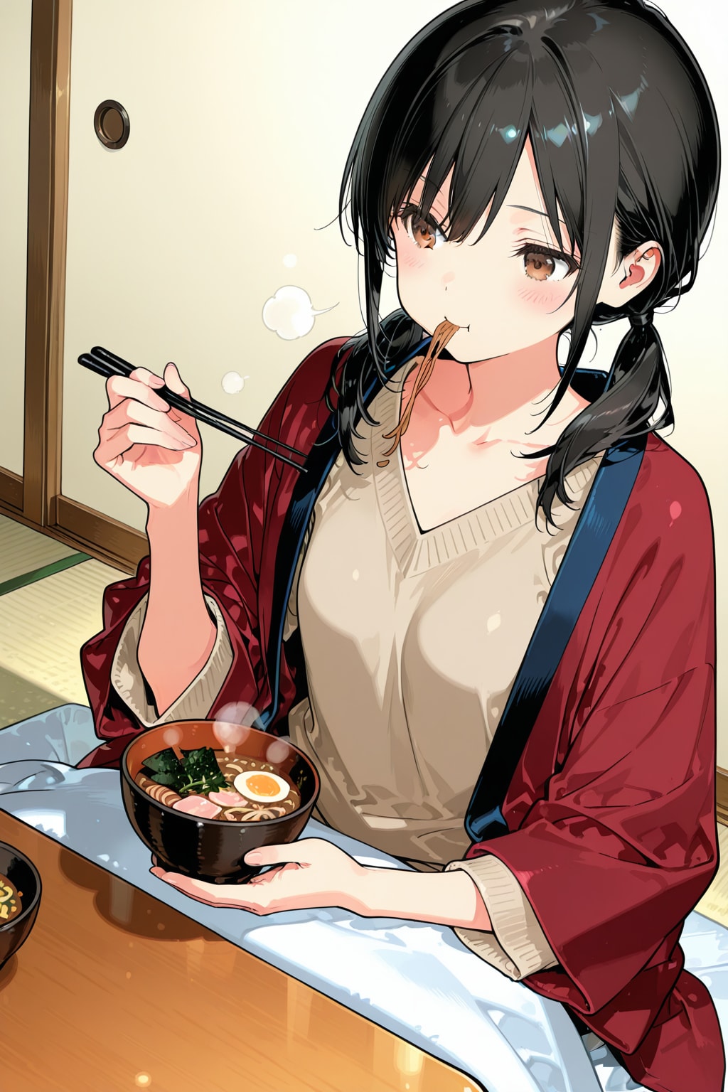 年越し蕎麦を食べる黒髪おさげさん