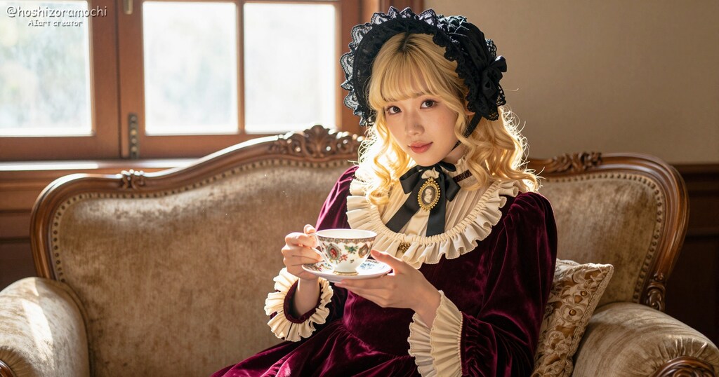 琥珀色の昼下がり。クラシカルな洋館で佇む、ボルドーベロアを纏ったAIロリィタ美少女