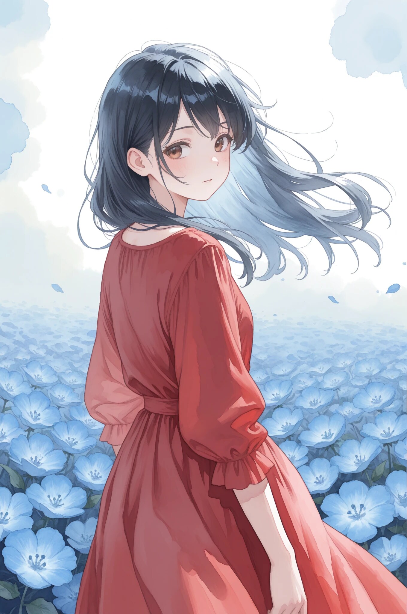 ネモフィラと赤いドレスを水彩で | の人気AIイラスト・グラビア