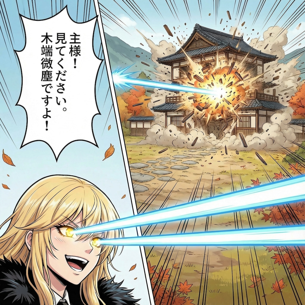 目からビームで旅館を爆破するエリザベス