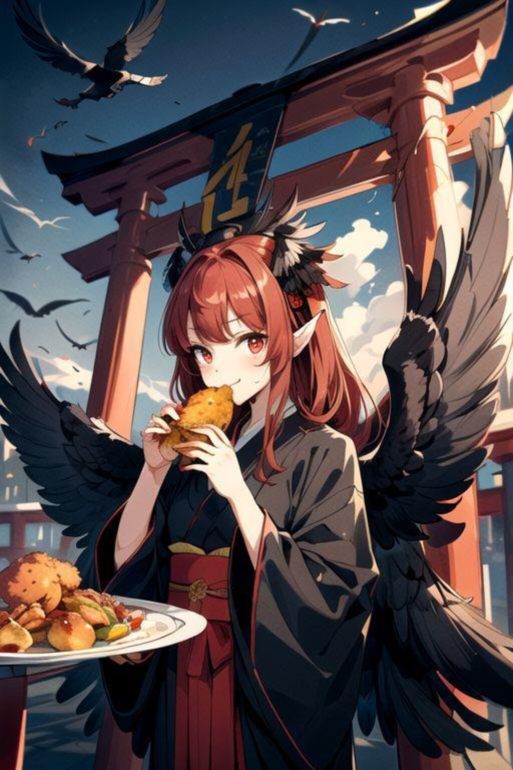 鳥居の前にあった唐揚げを食べるｸｿ鴉