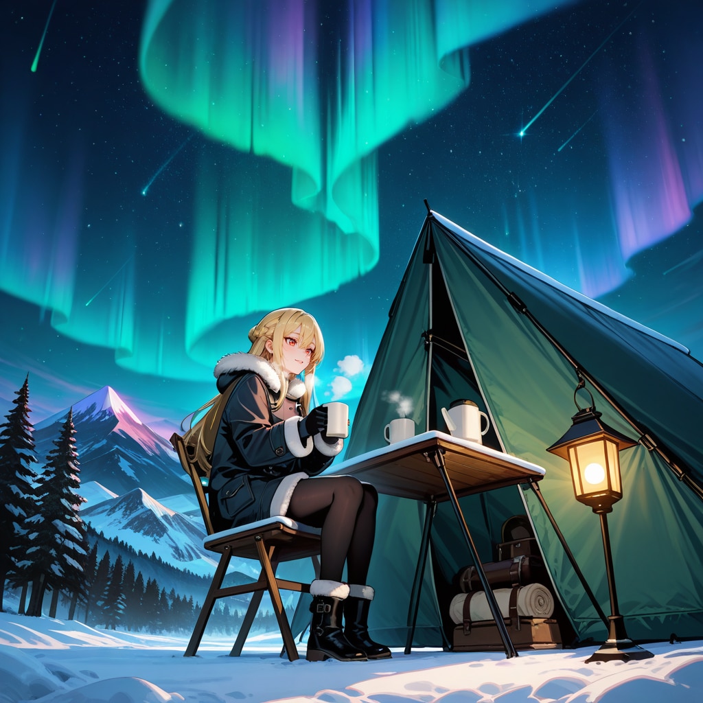 オーロラの下でキャンプ