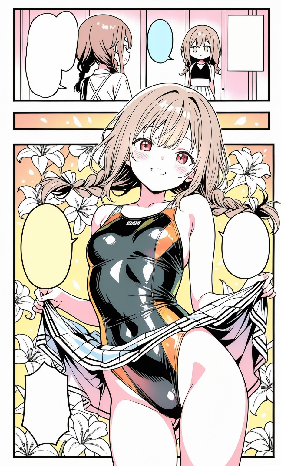 (スカート＋競泳水着で学校に来ちゃうような元気っ娘にお好きなセリフを付けて楽しんでください♪）三つ編み競泳水着っ娘漫画♪