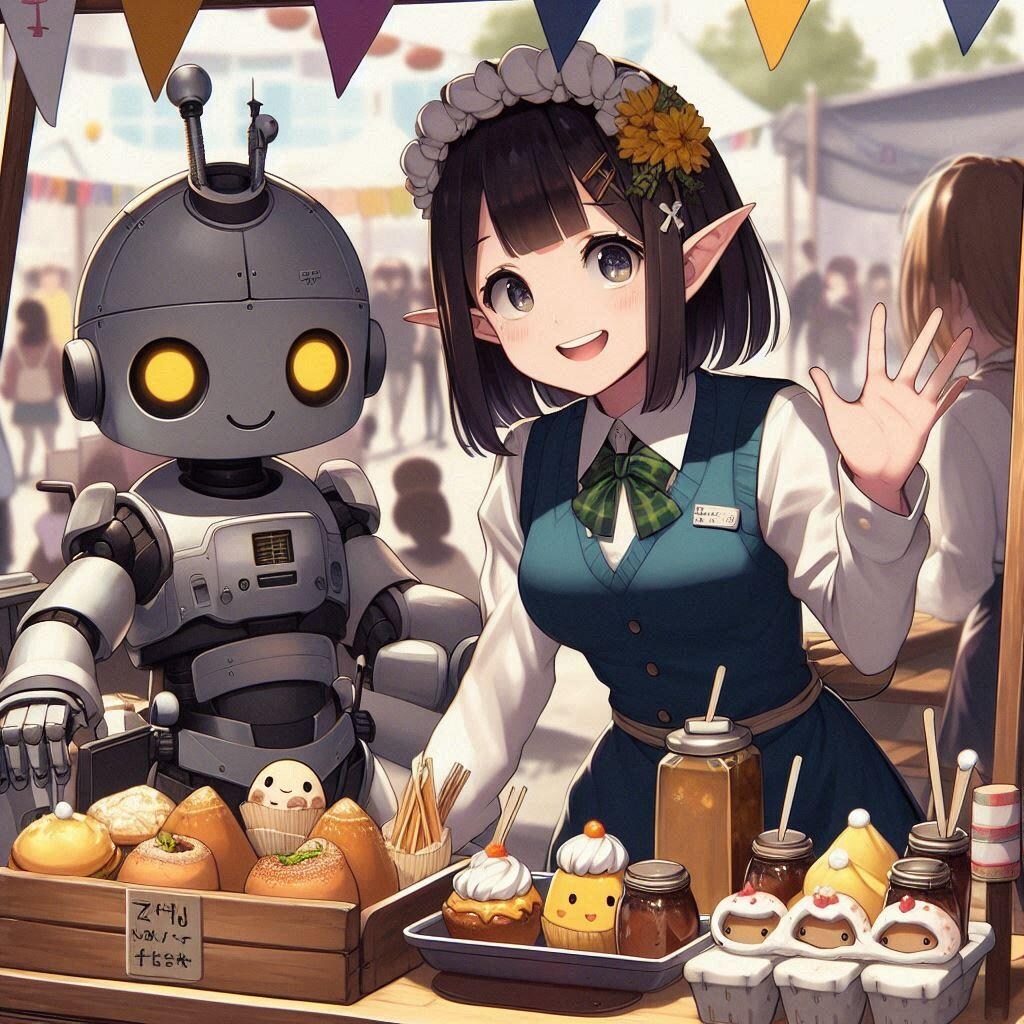 女ドワーフとロボットの出店