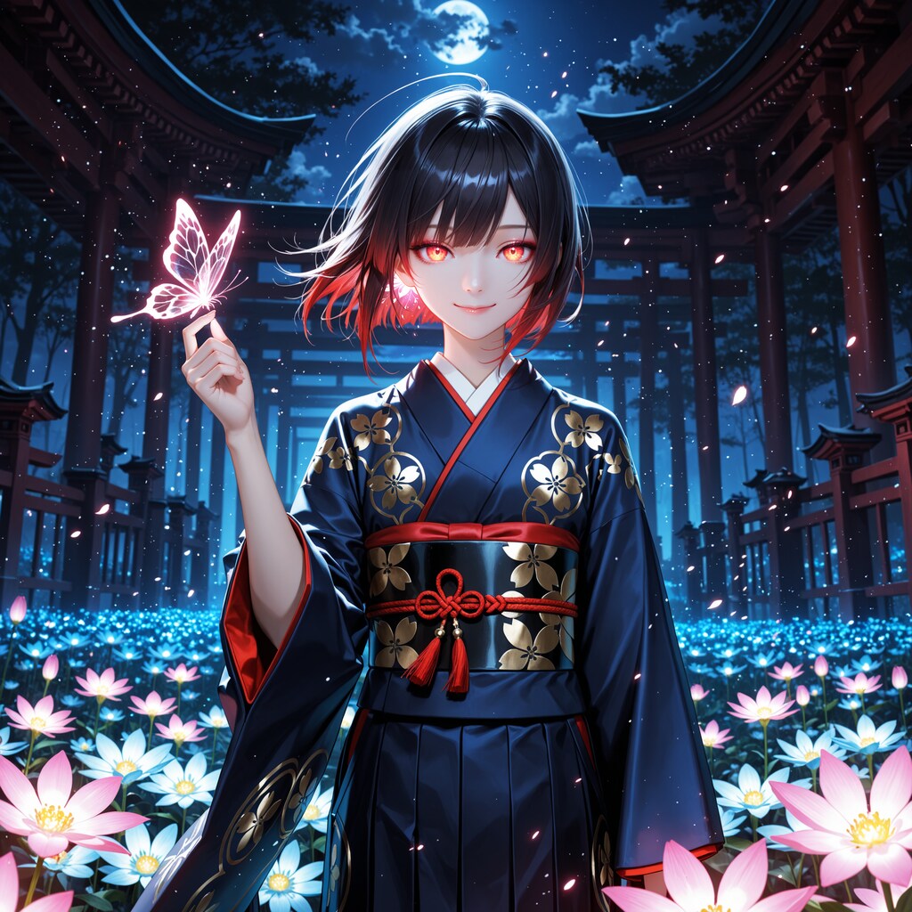 月夜の花と輝く蝶