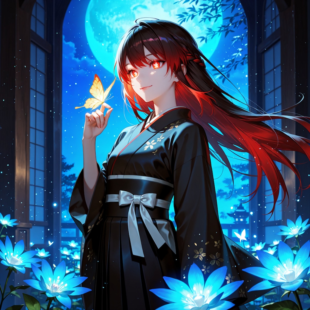 月夜の花と輝く蝶