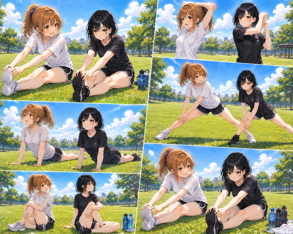 楓ちゃんと雫ちゃん　運動後のストレッチ（明るさ差分）