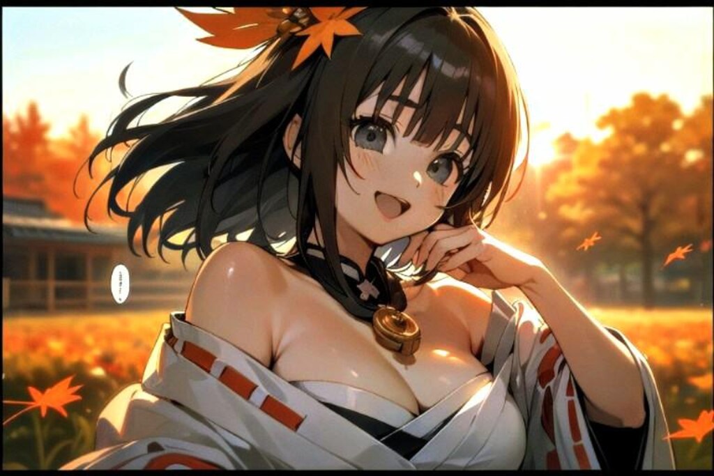 ふたごのオフショル巫女さん紅葉背景
