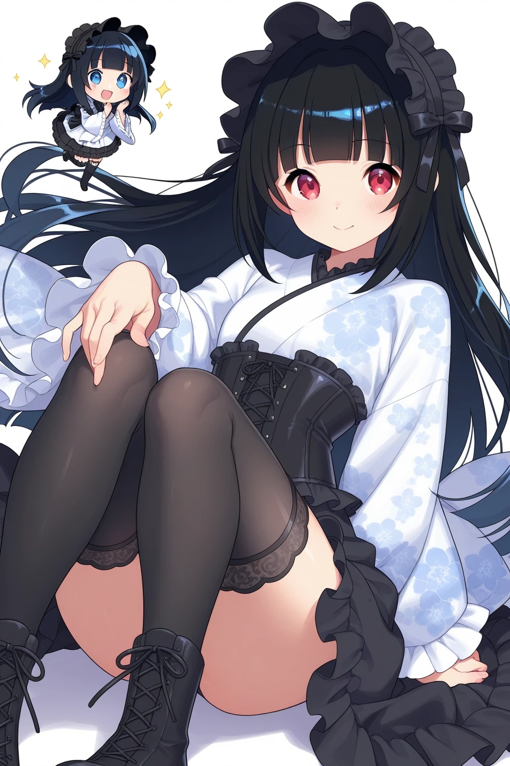 ロリータ振り袖コルセット帯003《黒と白･SeaArt全年齢イラスト》 | の人気AIイラスト・グラビア