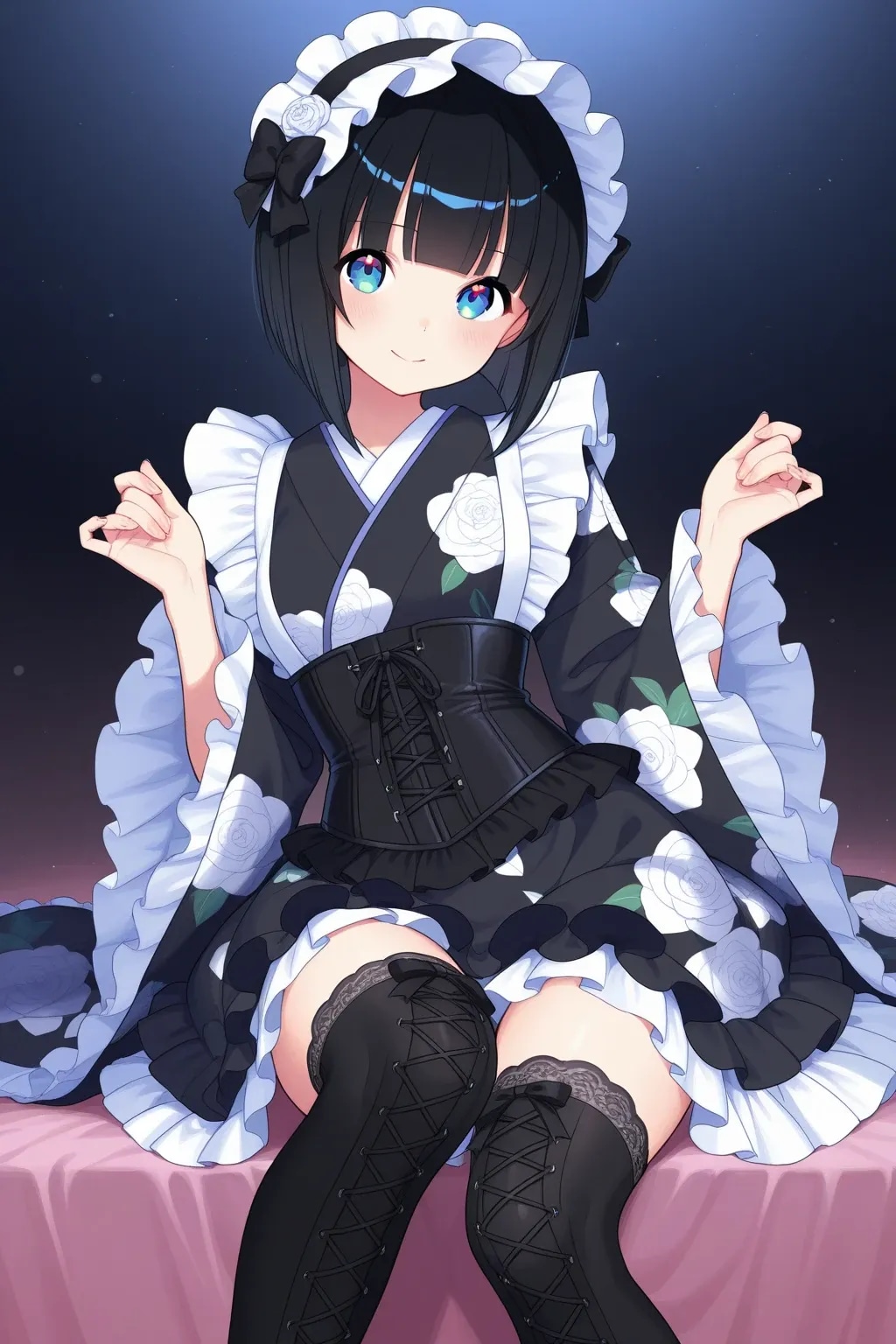 ロリータ振り袖コルセット帯003《黒と白･SeaArt全年齢イラスト》