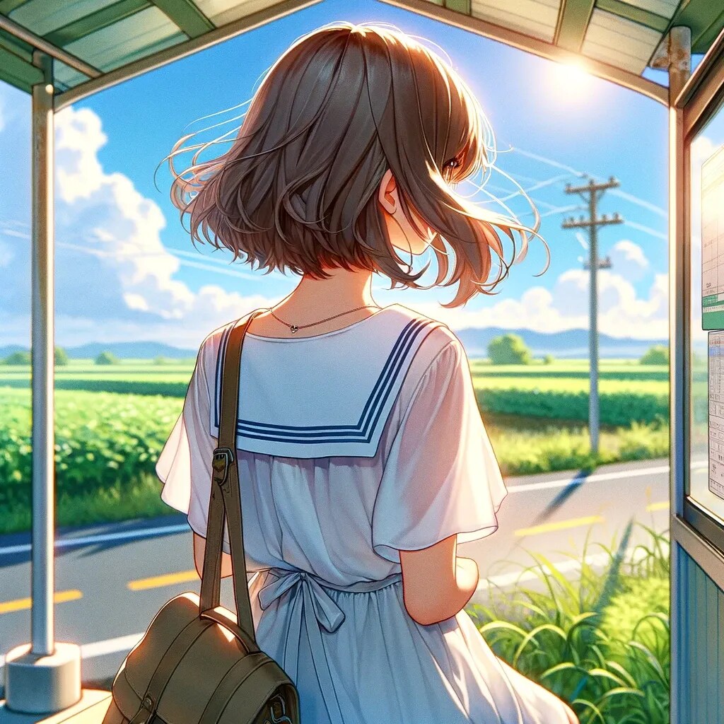 夏の午後のバス停で待つ少女