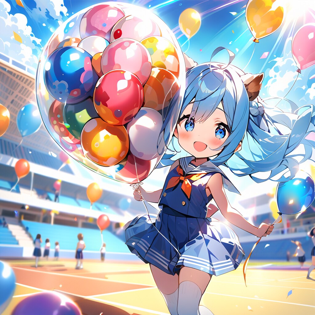 風船をいっぱい膨らませて遊ぶ青髪ロングの美少女