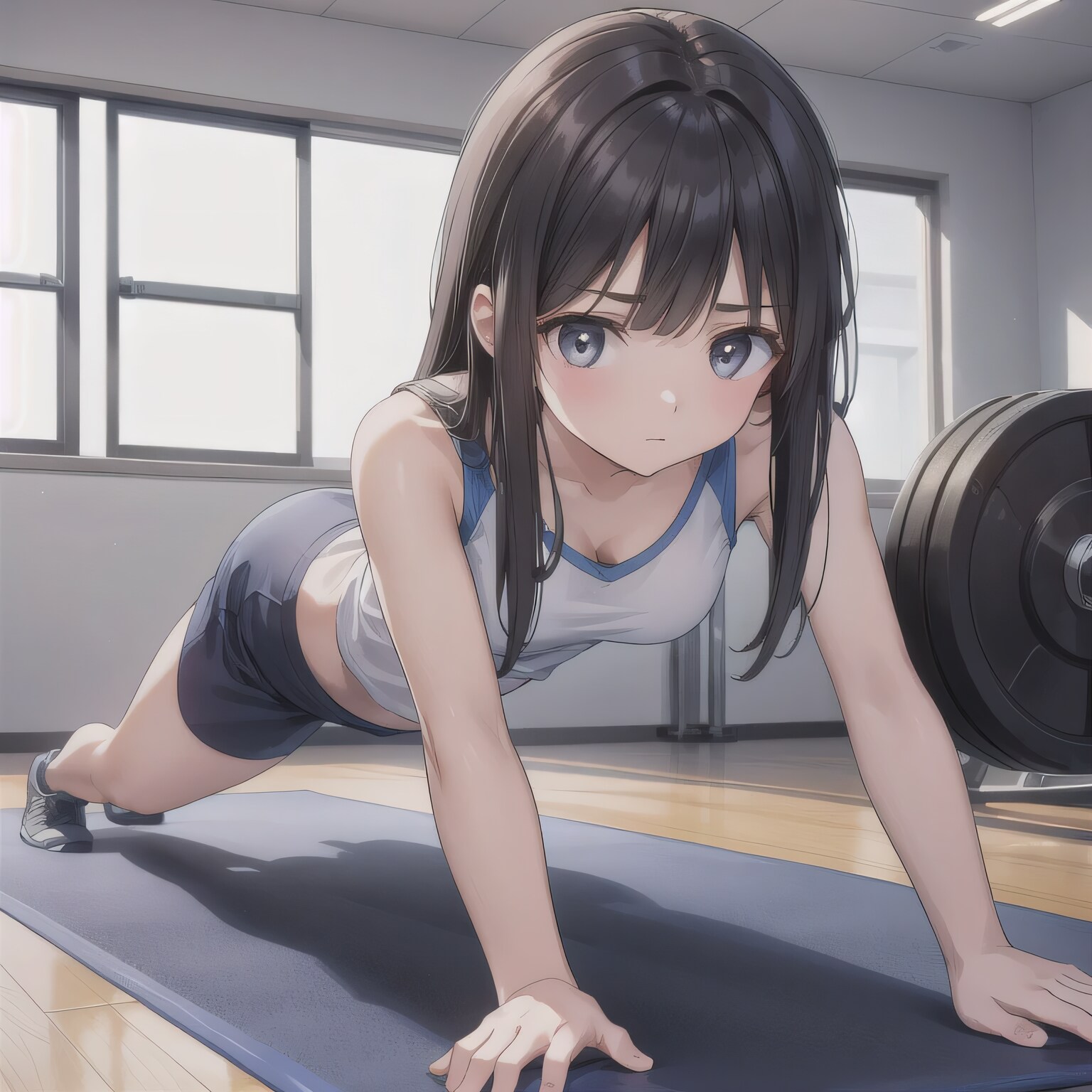 黒髪ロングで筋トレの少女４ | の人気AIイラスト・グラビア