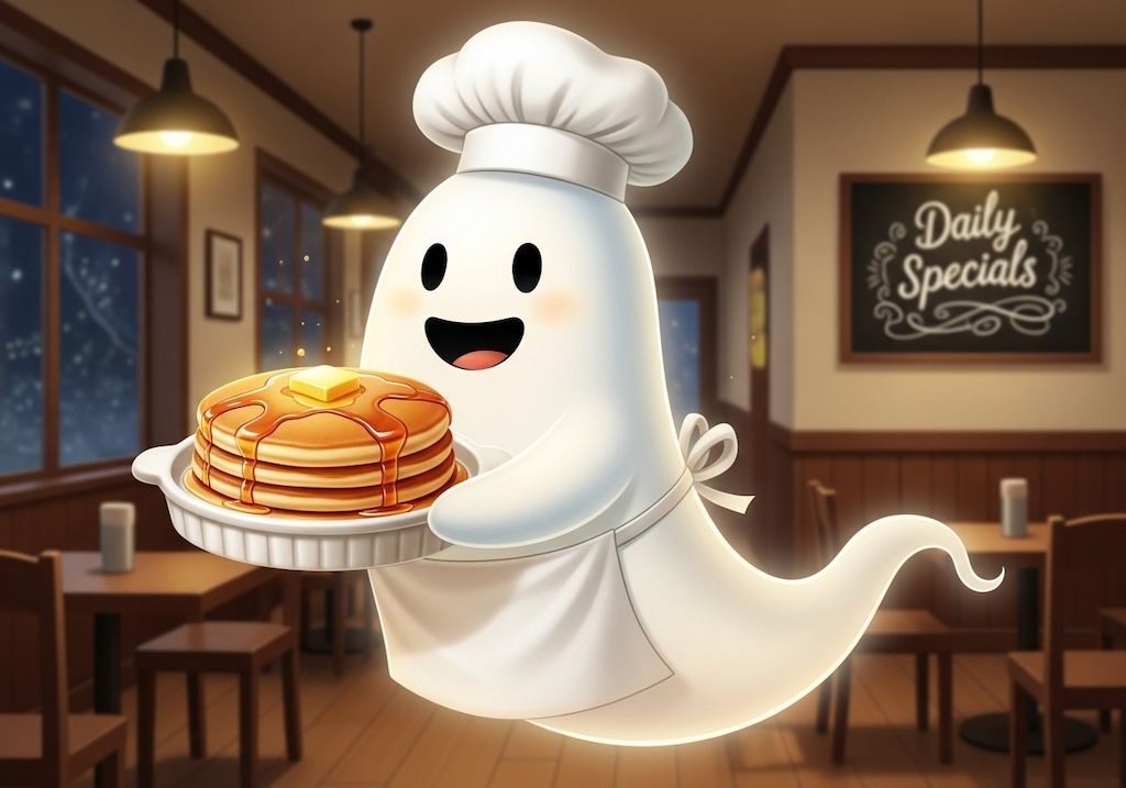 えらいこっちゃホットケーキを焼いて出してくれるお化けシェフ