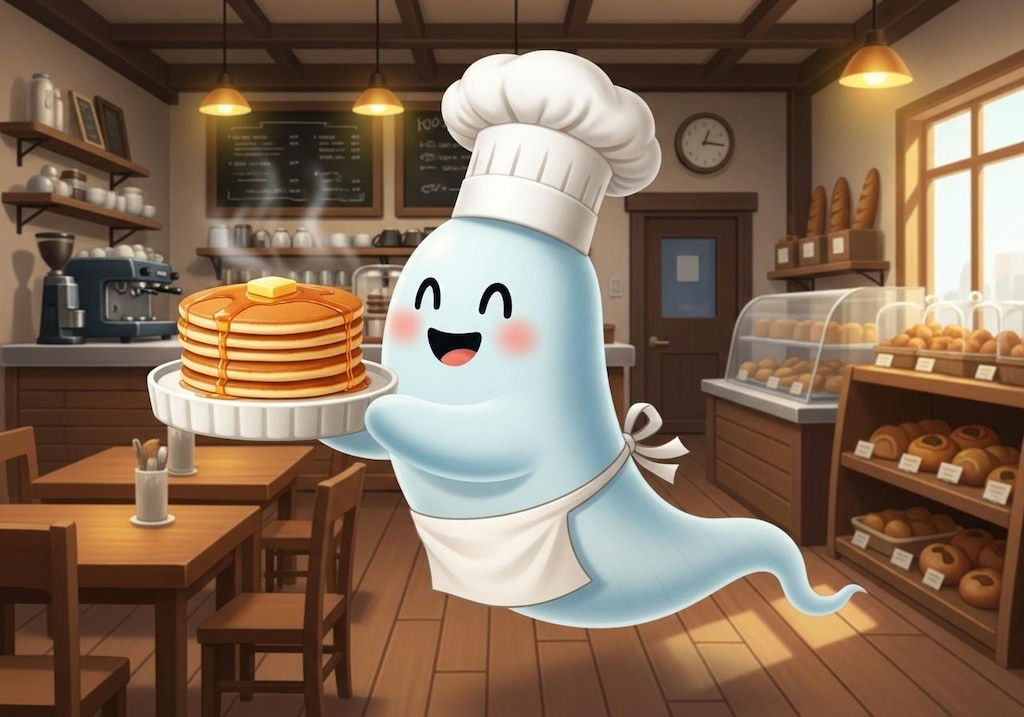えらいこっちゃホットケーキを焼いて出してくれるお化けシェフ