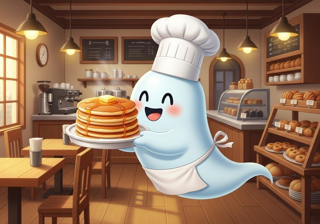 えらいこっちゃホットケーキを焼いて出してくれるお化けシェフ