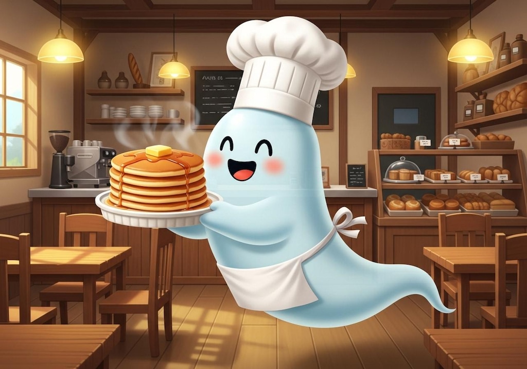 えらいこっちゃホットケーキを焼いて出してくれるお化けシェフ