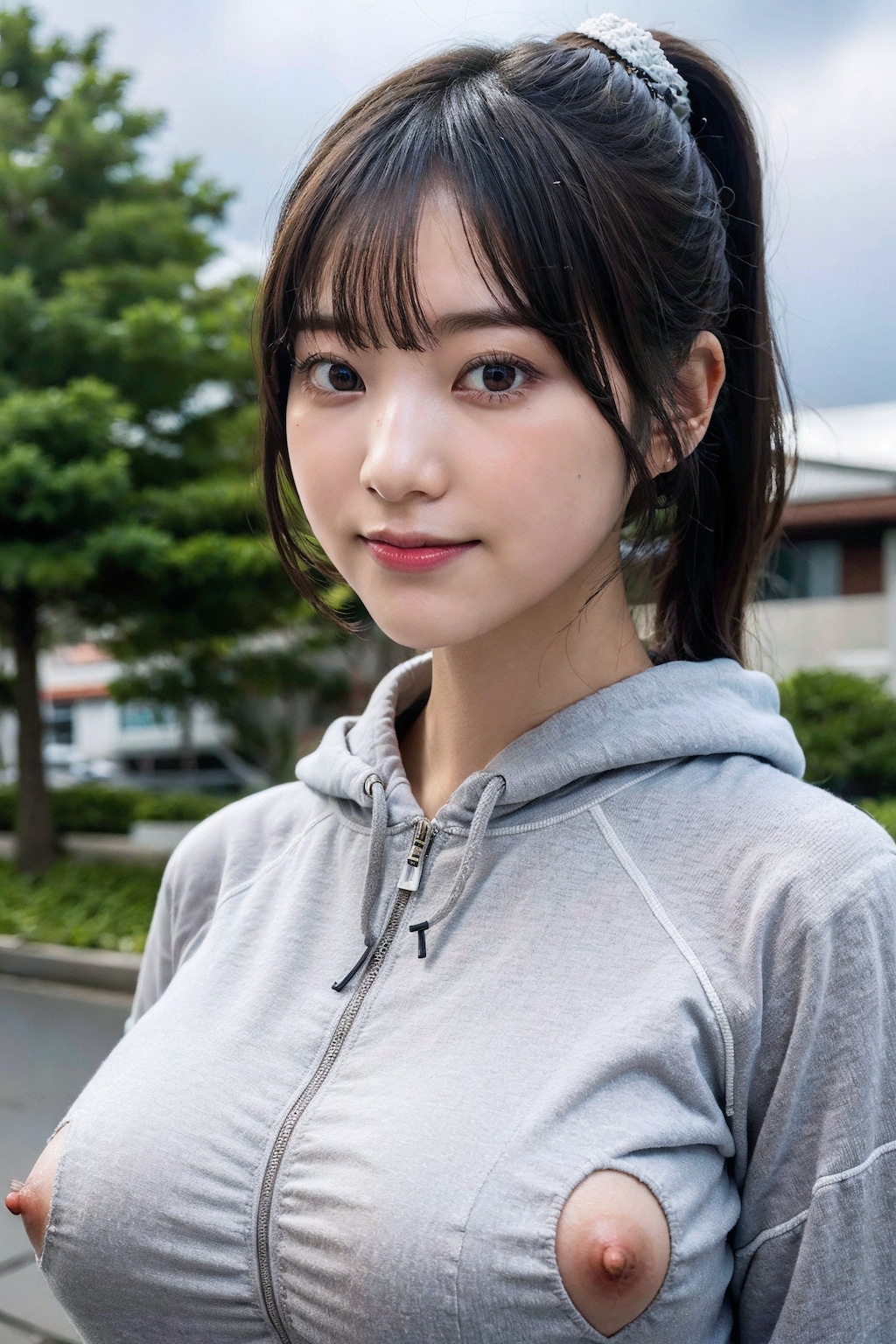 パーカーでポロリ