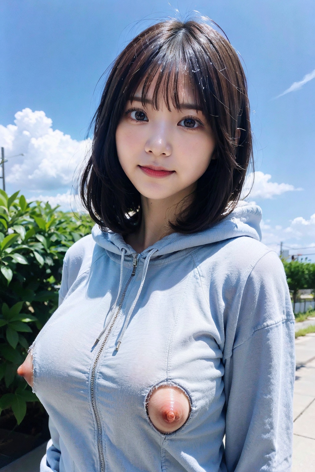 パーカーでポロリ