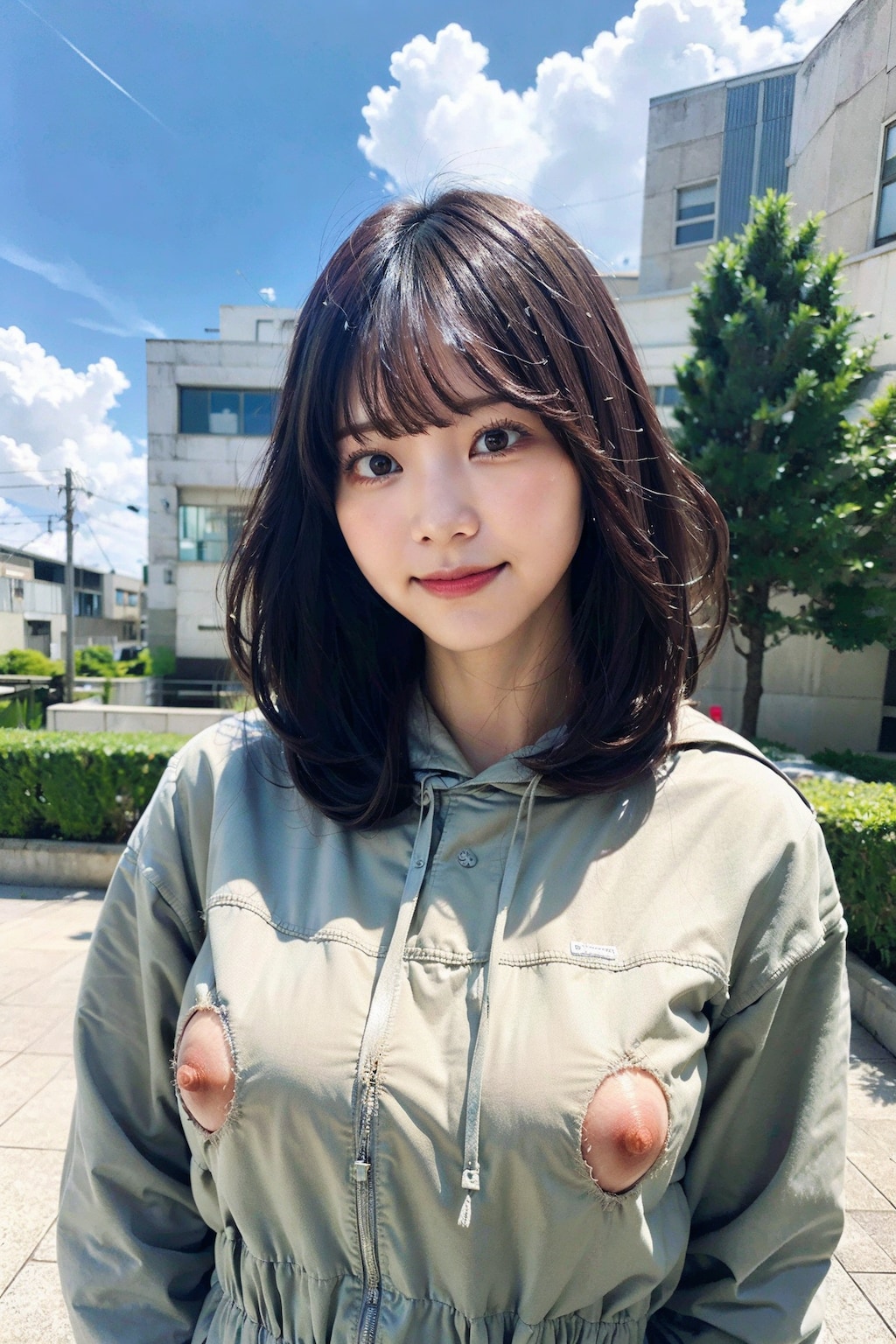 パーカーでポロリ