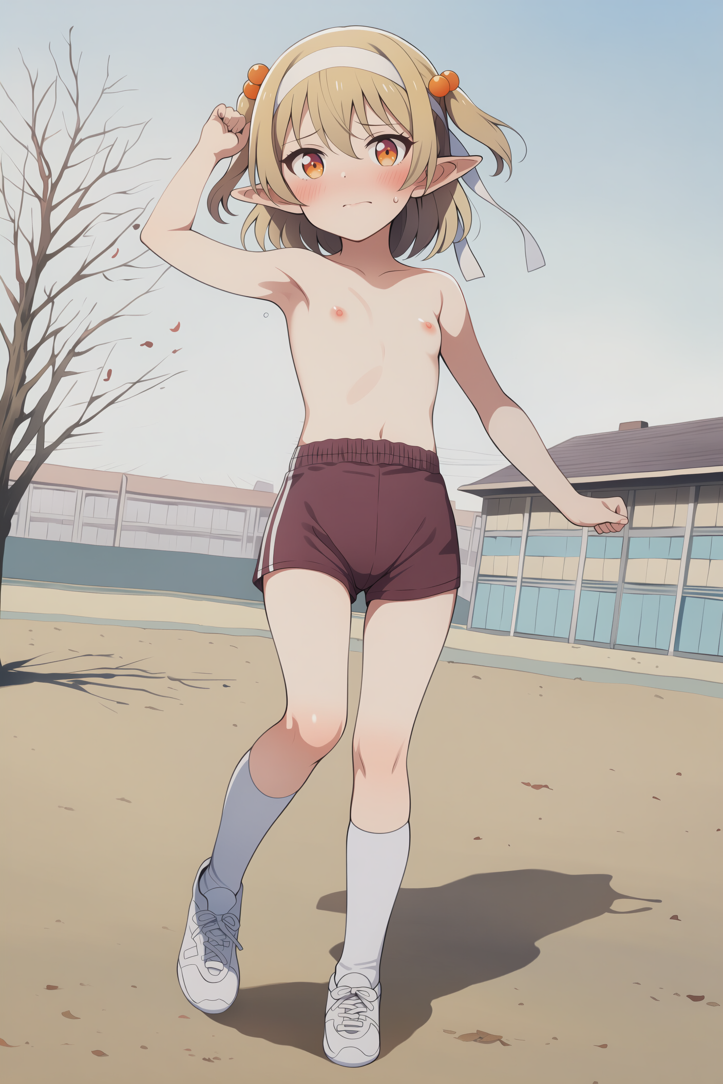 体操着の短パンに上半身裸のエルフさん