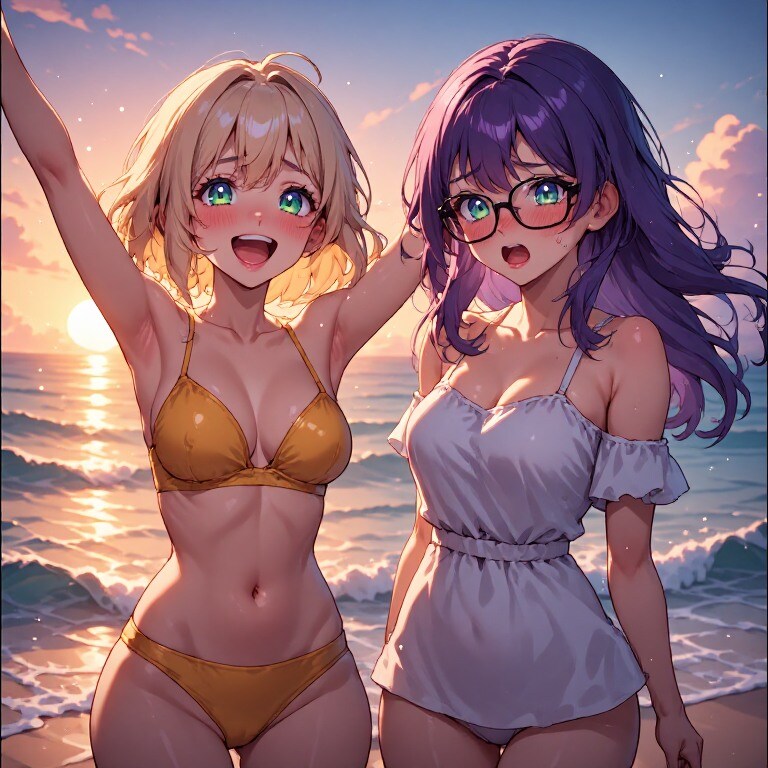 金髪ギャルと黒髪メガネ　浜辺サンセット編