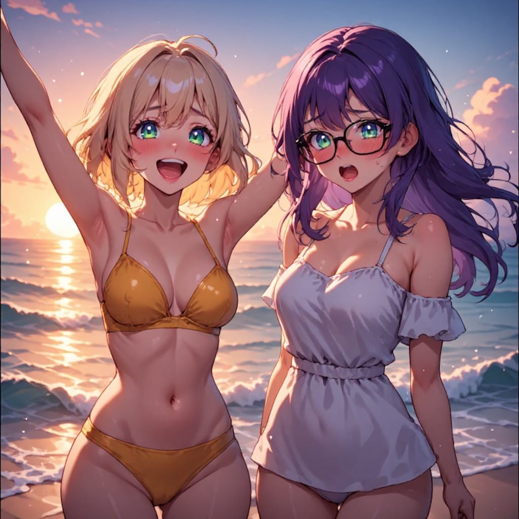 金髪ギャルと黒髪メガネ　浜辺サンセット編