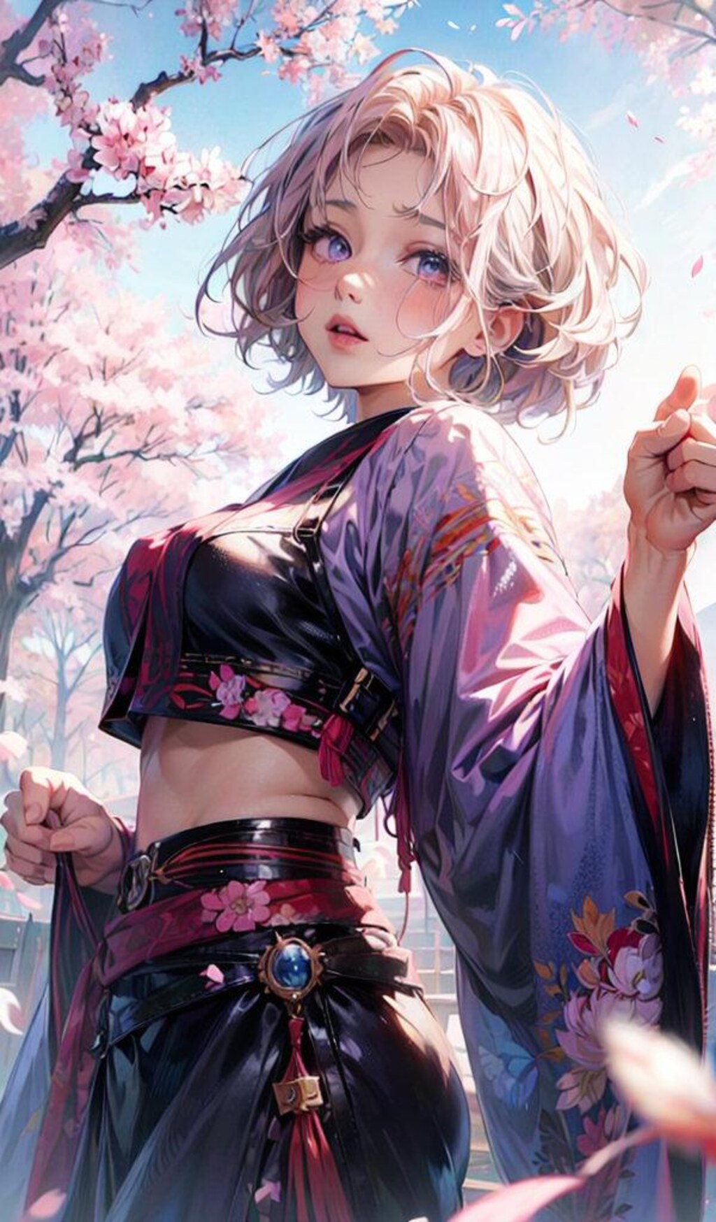 桜並木と和装少女と