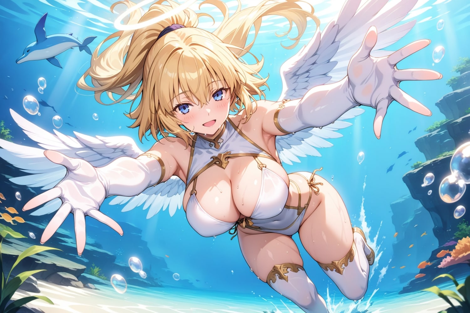 水中遊泳白ビキニ水着コスプレ天使姉人妻