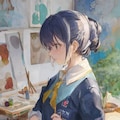 水彩画：悩む少女 2枚目