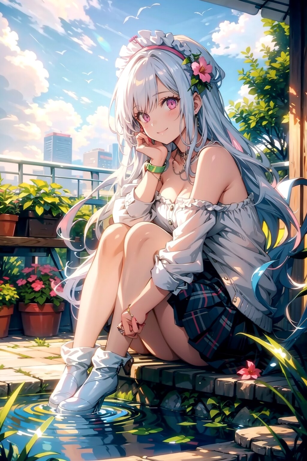 中庭に座り込む銀髪ちゃん。