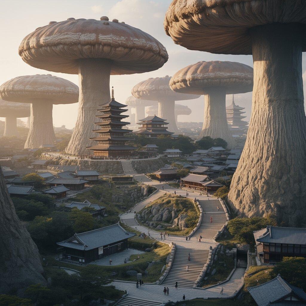 巨大な茸を利用した古都