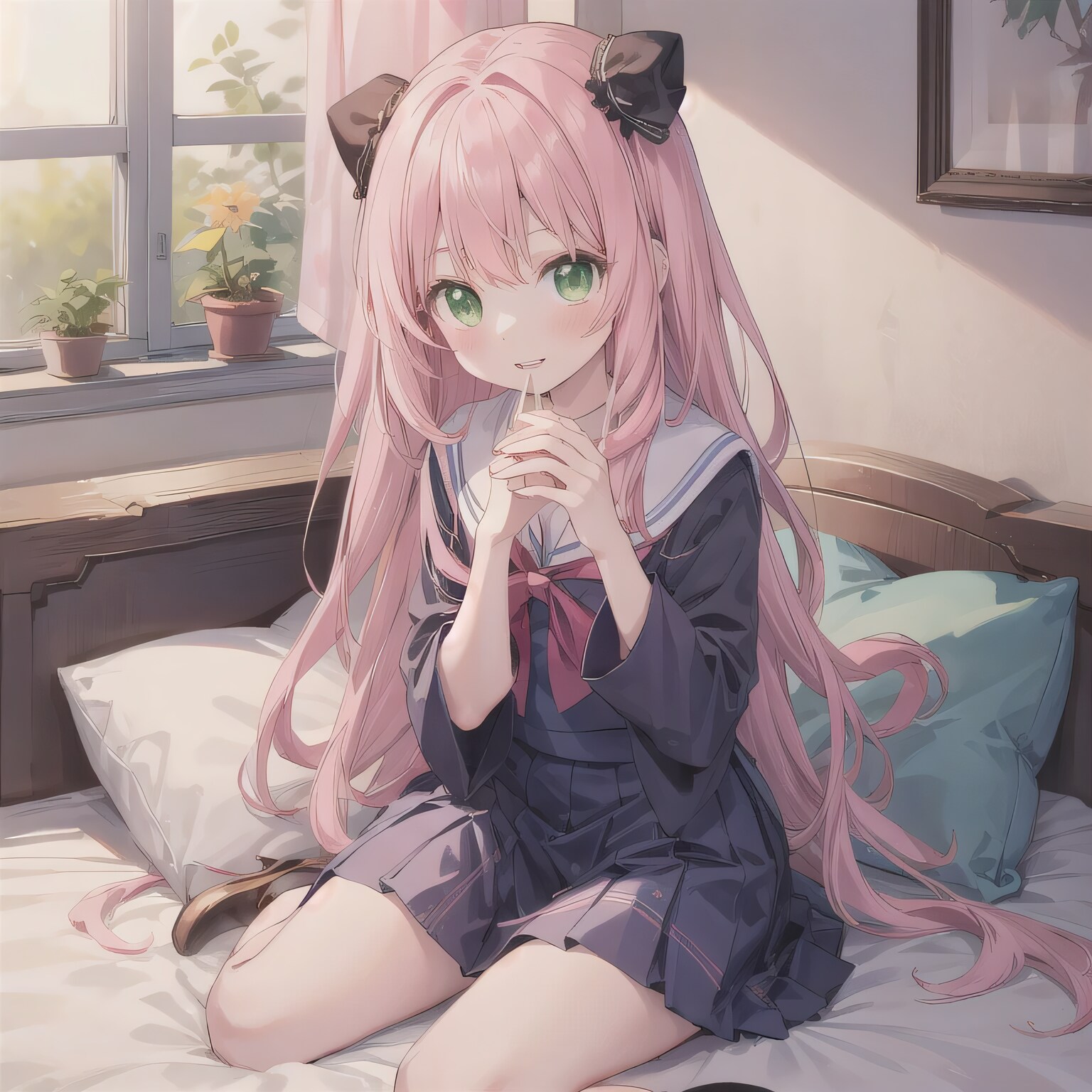 ピンク髪ロングで寝室の少女２ | の人気AIイラスト・グラビア