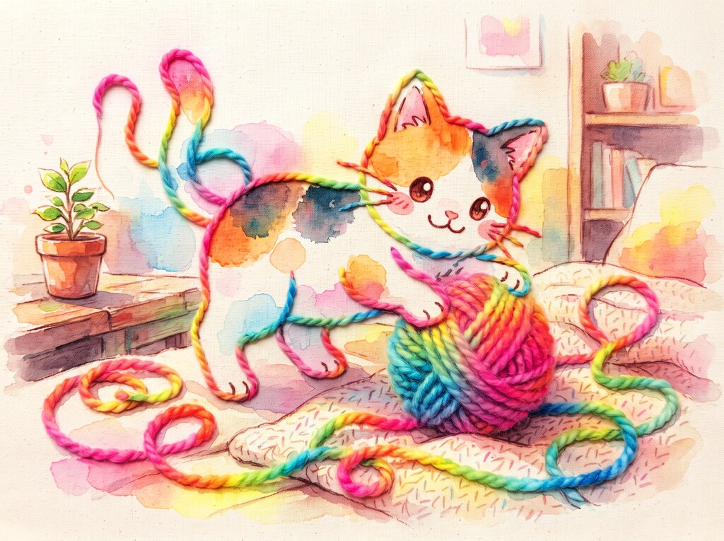 毛糸玉にじゃれる猫