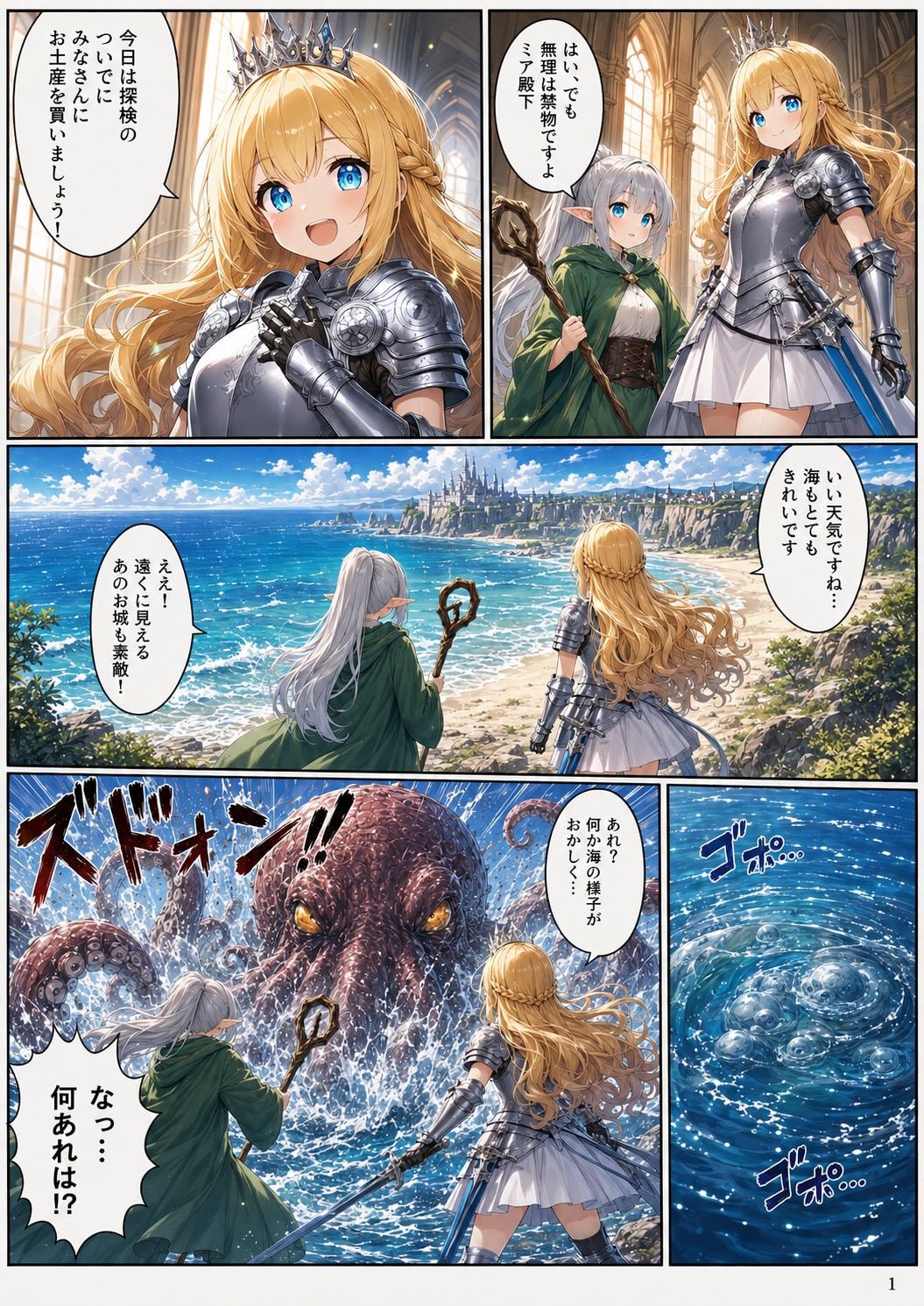 金髪王女とエルフ魔術師のジャイアントオクトパス退治（漫画版その3） | の人気AIイラスト・グラビア