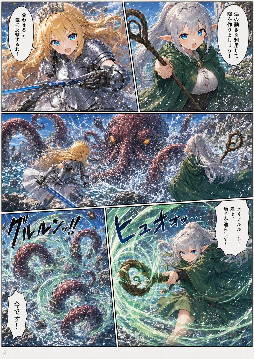 金髪王女とエルフ魔術師のジャイアントオクトパス退治（漫画版その3）