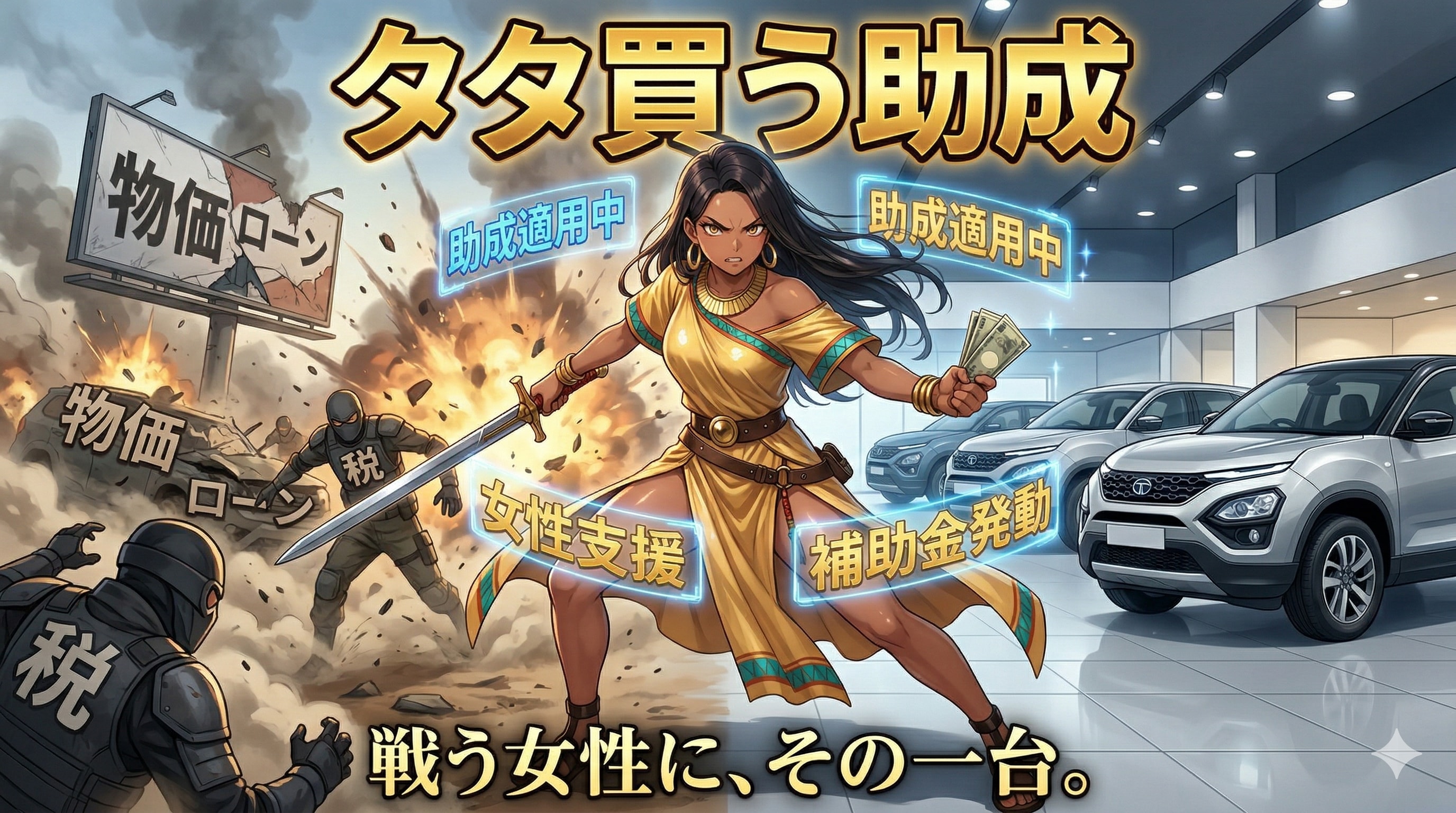 助成金を利用してタタの車を購入する女性戦士 | の人気AIイラスト・グラビア