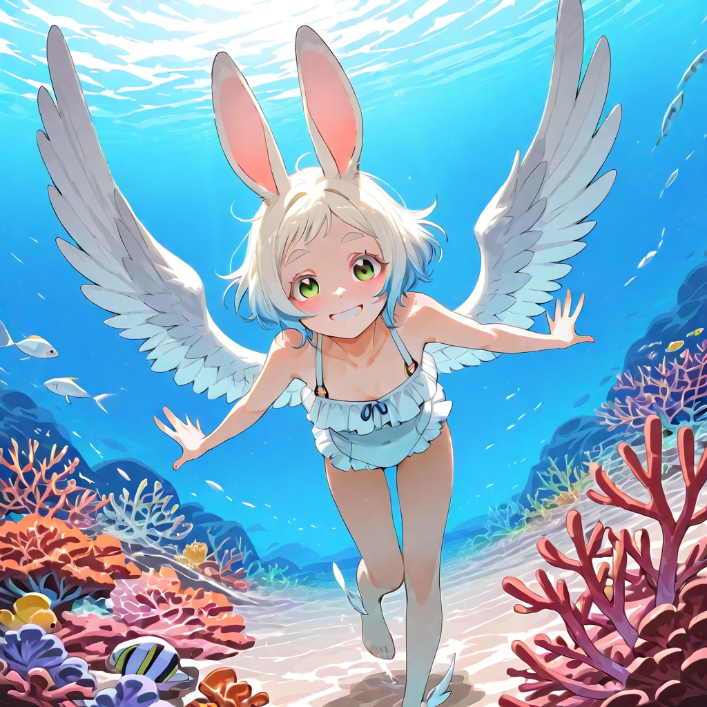 水中を泳ぐ翼の生えたウサギ | の人気AIイラスト・グラビア