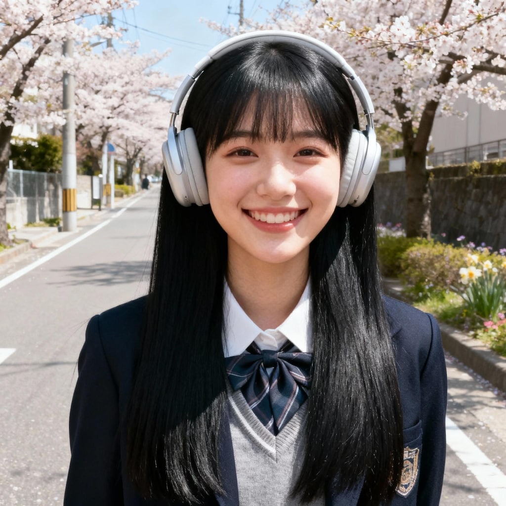 少女とヘッドフォン（春）